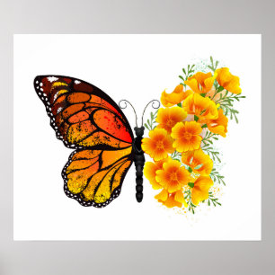 Affiche Flower Butterfly with Yellow California Poppy