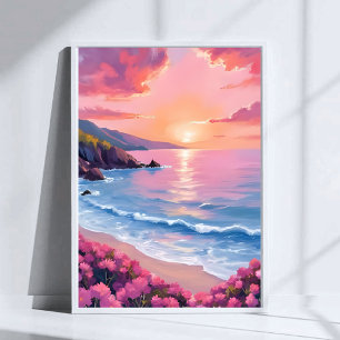 Affiche Flower Cove   Fleur d'eau rose aquarelle