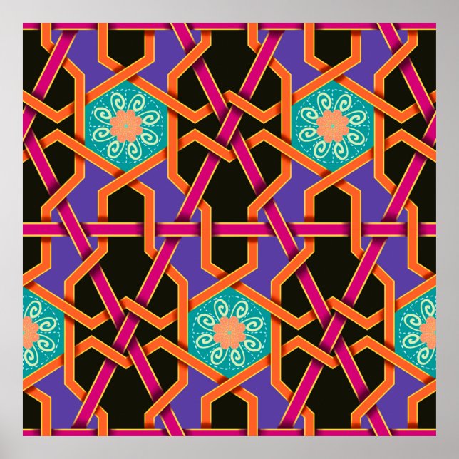 Affiche Flower green orange et violet ethnie géométrique n (Devant)