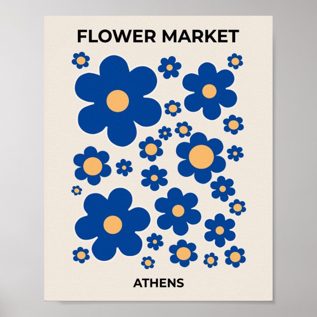 Affiche Flower Market Athènes Floral Bleu Jaune Fleurs (Devant)