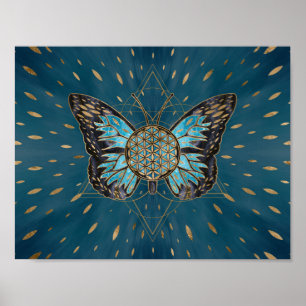 Affiche Flower of Life Butterfly - Blue Gemstone and gold