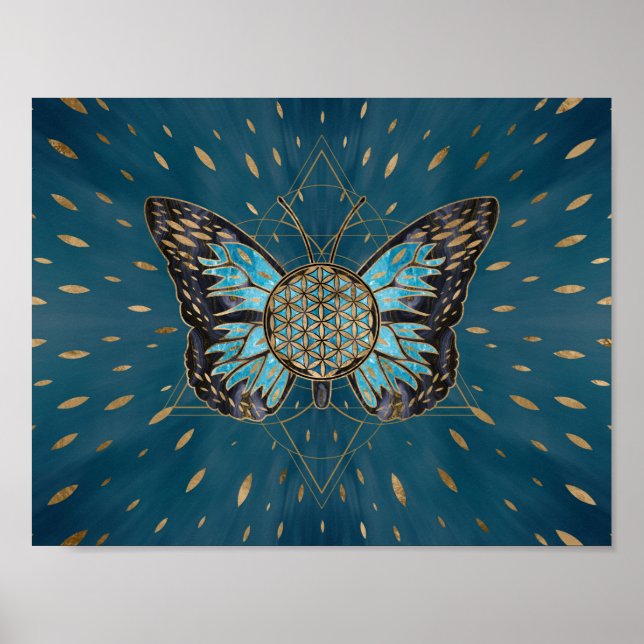Affiche Flower of Life Butterfly - Blue Gemstone and gold (Devant)