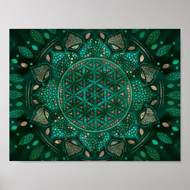 Affiche Flower of Life Dot Art malachite gold (Devant)