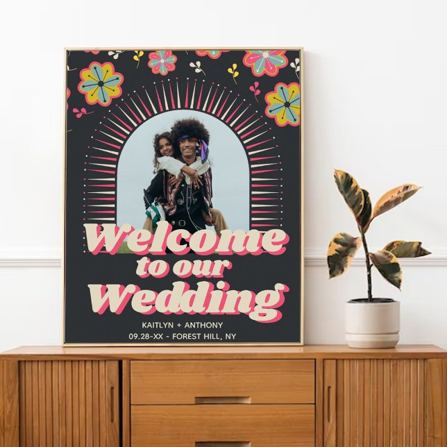 Affiche Flower Power 70's Retro Super Mariage Welcome (Créateur téléchargé)