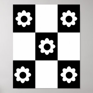 Affiche Flowers Checker Pattern Black White Mod Squares