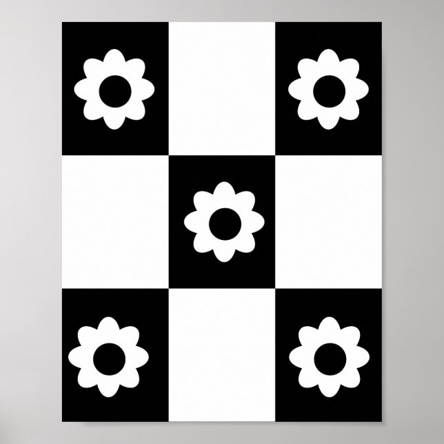 Affiche Flowers Checker Pattern Black White Mod Squares (Devant)