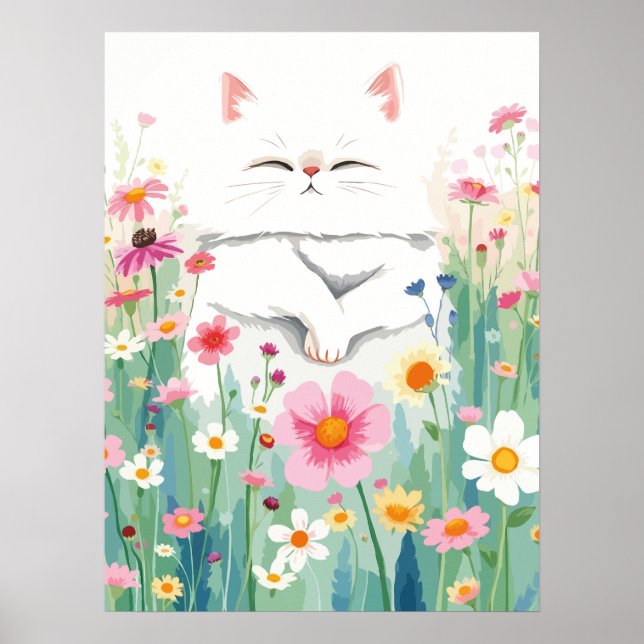 Affiche Fluffeux chat blanc dans la prairie fleur sauvage, (Devant)