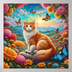 Affiche Fluffy Chat assis dans un champ de fleurs