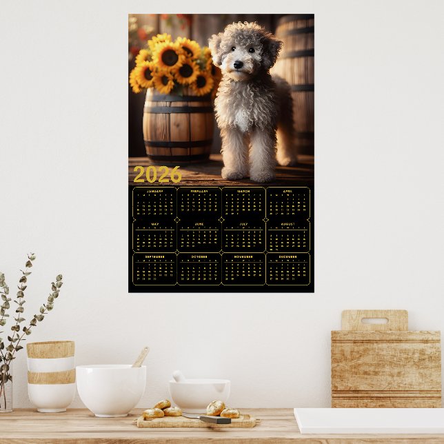 Affiche Fluffy Goldendoodle with Sunflowers – 2026 Rustic  (Cuisine)