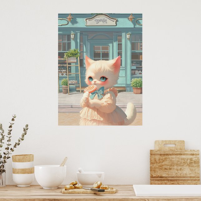 Affiche Fluffy Kitten avec Lollipop à la pâtisserie (Cuisine)