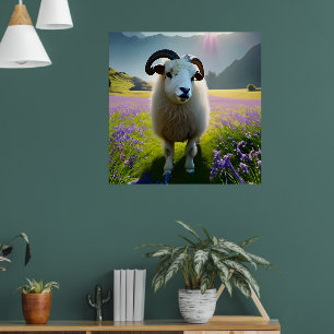 Affiche Fluffy Sheep champ de fleurs violettes