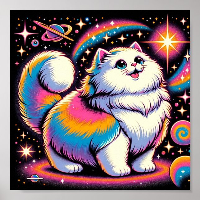 Affiche Fluffy White Chat dans l'espace (Devant)