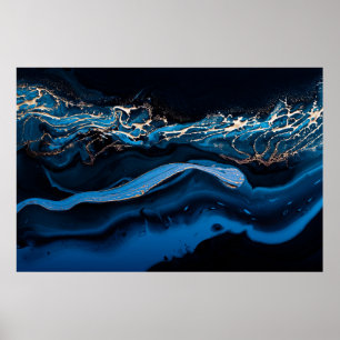 Affiche Fluid Art. Liquid Metallic Gold in abstract blue w