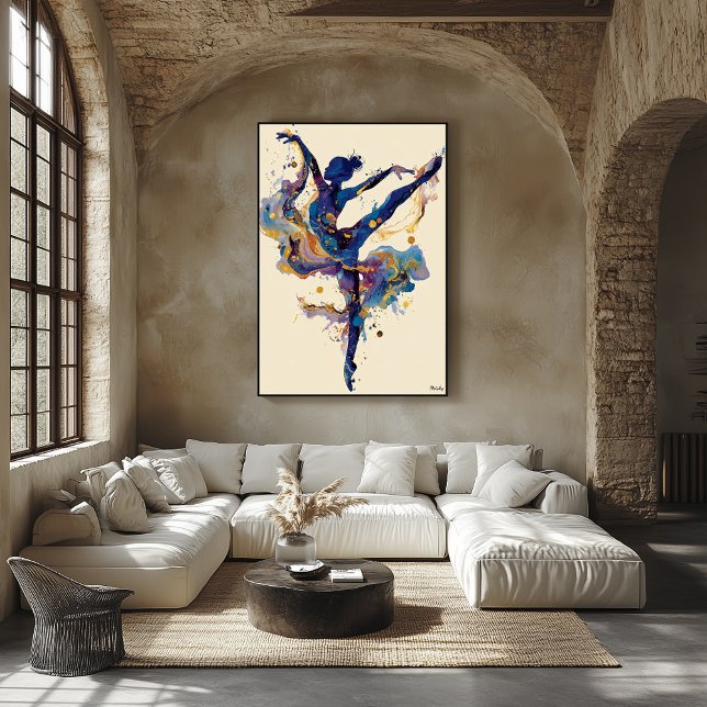 Affiche Fluid Ink Ballerina – Blue and Gold Abstract Dance (Créateur téléchargé)
