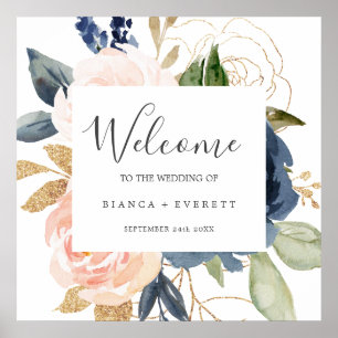 Affiche Flush et Navy Flowers Mariage de bienvenue blanc