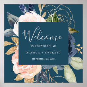 Affiche Flush et Navy Flowers Mariage de bienvenue bleu