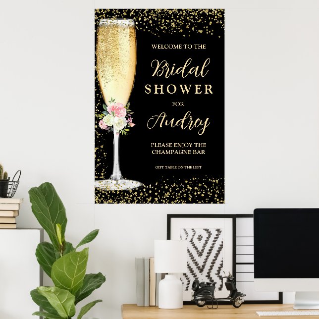 Affiche Flûte à Champagne Élégante Fleurs Mariage (Bureau à domicile)