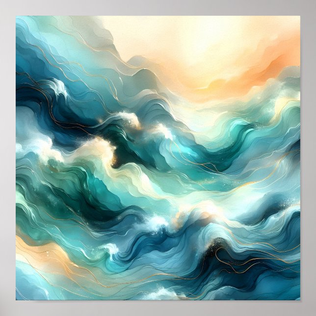 Affiche Flux d'océan doré Vagues abstraites (Devant)