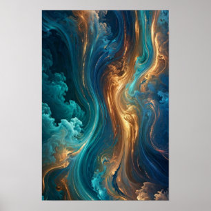 Affiche Flux d'Or Océanique - Abstrait de Teal et de Cuivr