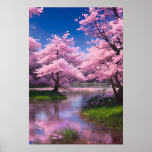 Affiche Flux serène au milieu des fleurs de cerisiers