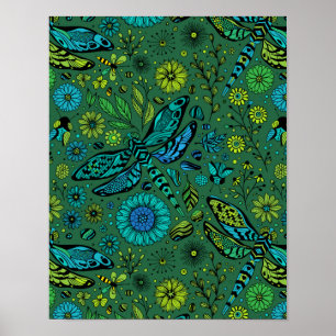 Affiche Fly, fly dragonfly on emerald green