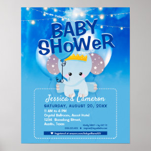Affiche Flyer de fête pour bébé avec éléphant bleu mignon