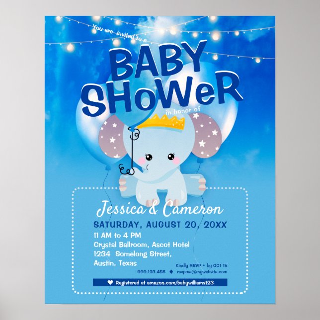 Affiche Flyer de fête pour bébé avec éléphant bleu mignon  (Devant)