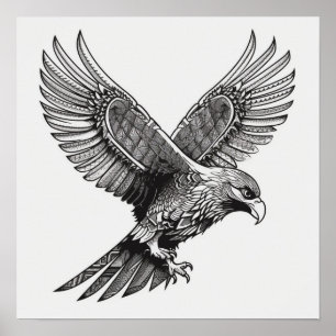 Affiche Flying Bald Eagle Black and White Art, Heart Wings