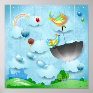 Affiche Flying birds and umbrella over the city