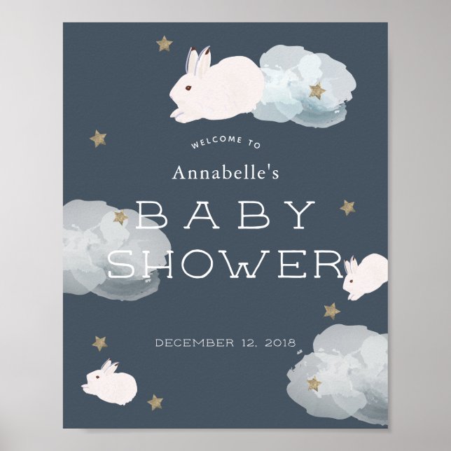 Affiche Flying Bunny Stars Clouds Baby Shower Welcome Sign (Devant)