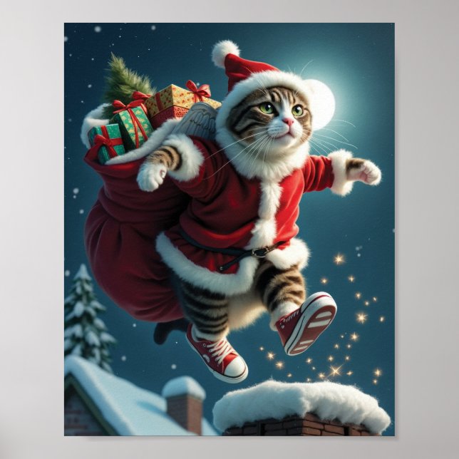 Affiche Flying Christmas Chat Père Noël avec cadeaux et ma (Devant)