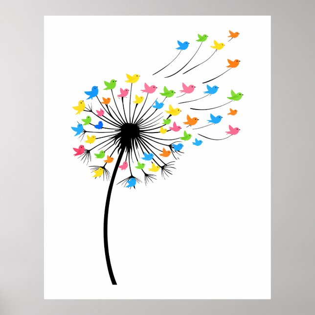 Affiche Flying colorful birds dandelion flow (Devant)