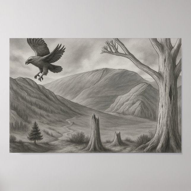 Affiche Flying Free – Monochrome Wilderness Sketch Art (Devant)