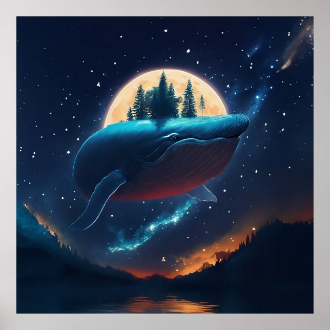 Affiche Flying Humpback Baleine Lune Mer Lumière Forêts St (Devant)