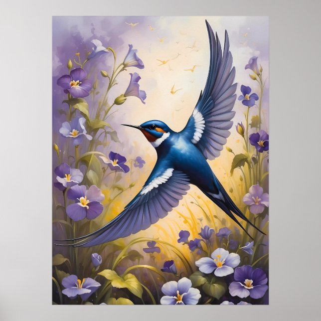 Affiche Flying Swallow Field of Violet Flowers (Devant)