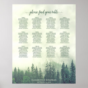 Affiche Foggy Green Forest 12 Table Wedding Seating Chart