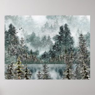 Affiche Foggy Mountain Woodland Froid Lake