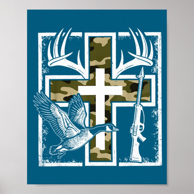 Affiche Foi Pêche Chasse Camo Croix Canard Cerf Christi (Devant)