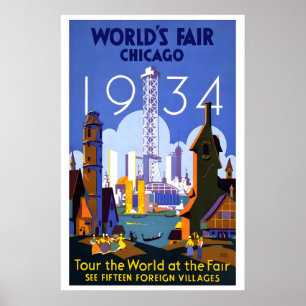 Affiche Foire mondiale de Chicago 1934 Tour du monde Vinta