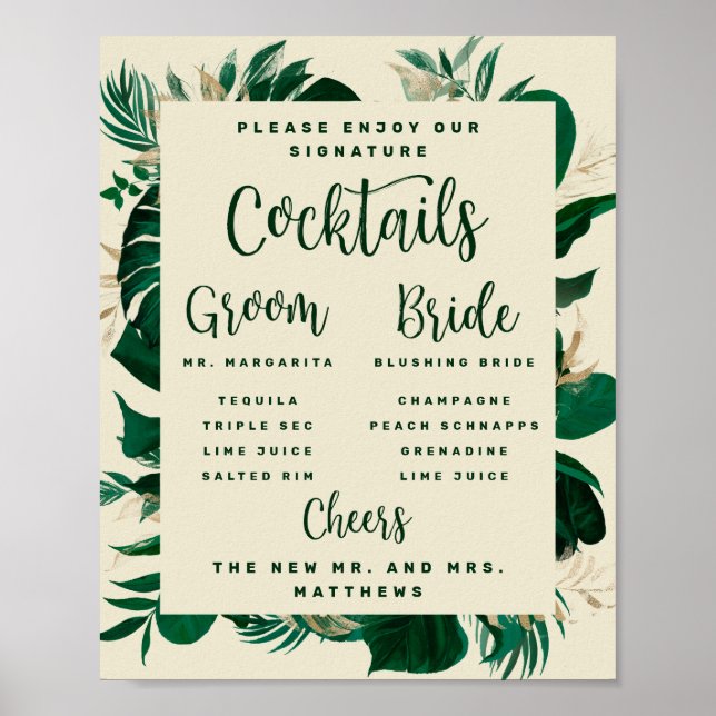 Affiche Foliage tropical Signature Cocktails Bar Menu Sign (Devant)