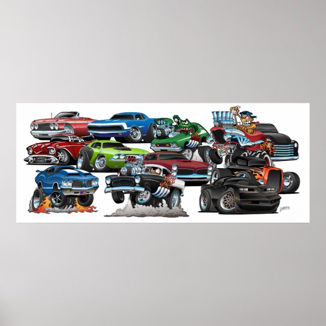 Affiche Folie de voiture ! Cartoon Muscle Cars et Hot Rods (Devant)