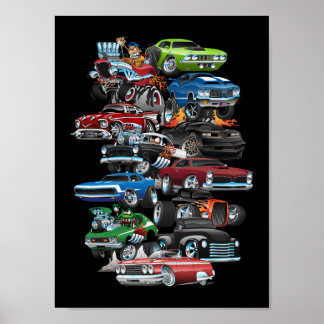 Affiche Folie de voiture ! Cartoon Muscle Cars et Hot Rods