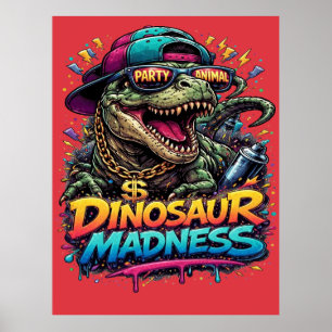 Affiche Folie des dinosaures — Graphisme de T‑Rex fêtard