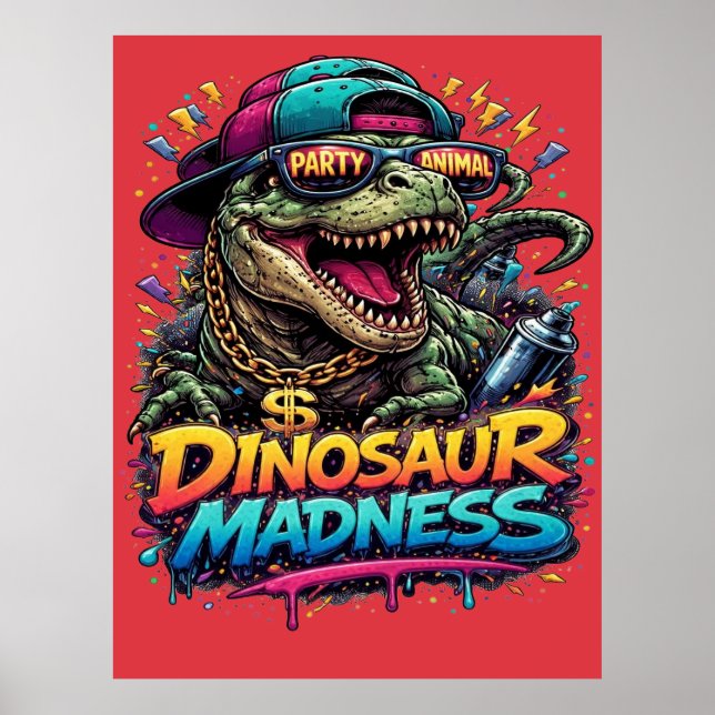 Affiche Folie des dinosaures — Graphisme de T‑Rex fêtard (Devant)