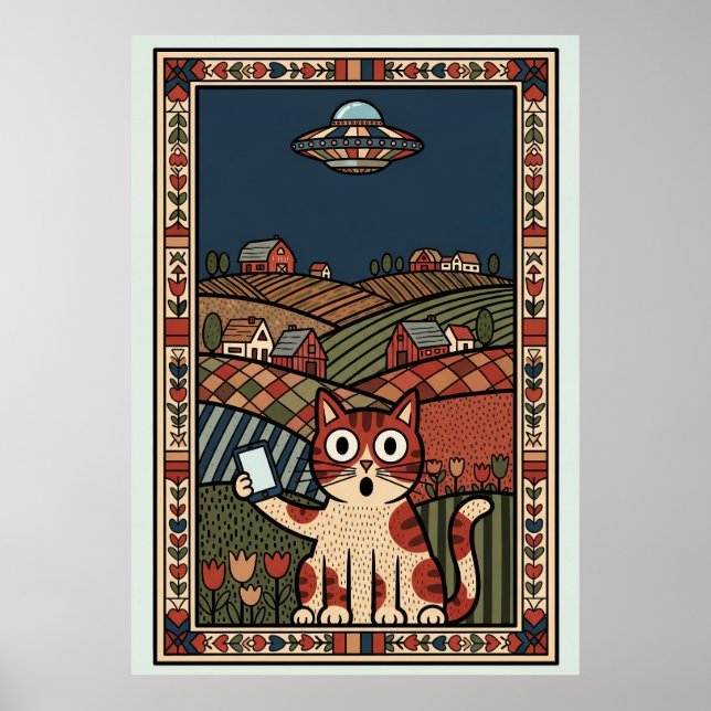 Affiche Folk Art Cat with UFO in Countryside Whimsical (Devant)