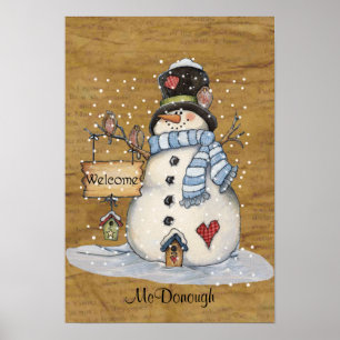 Affiche Folk Art Snowman dans un vieux journal