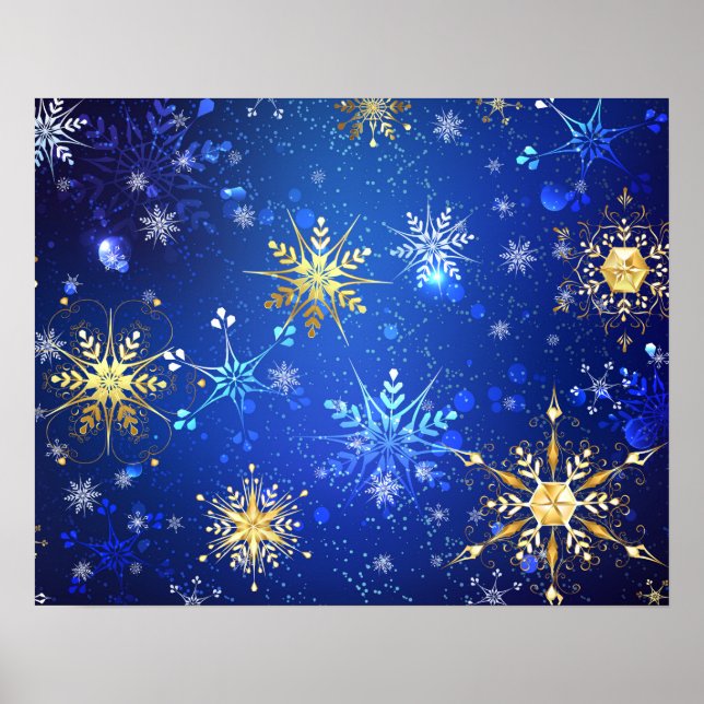 Affiche Fond bleu de Noël avec flocons de neige dorés (Devant)