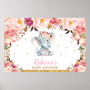 Affiche Fond de fête de Baby Shower éléphant floral rose 
