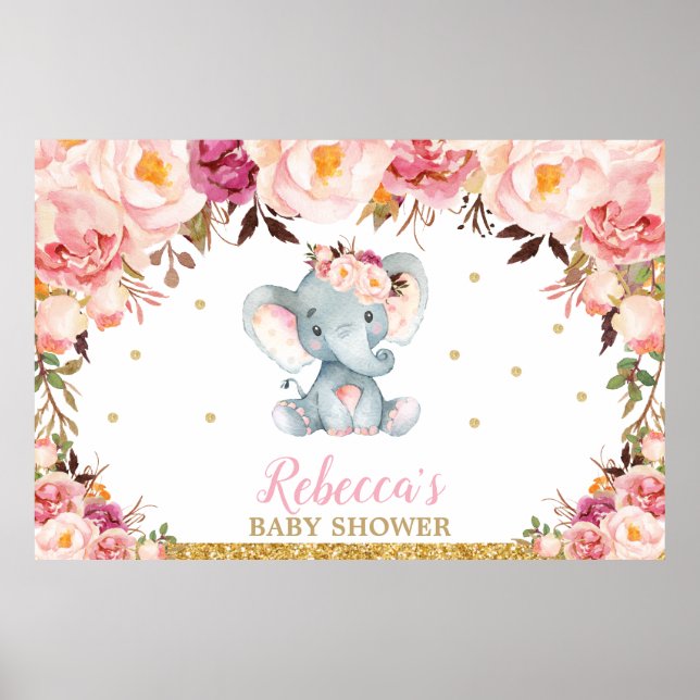 Affiche Fond de fête de douche de bébé éléphant floral ros (Devant)