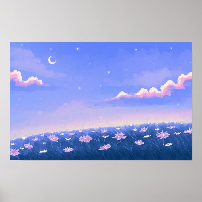 Affiche Fond d'écran kawaii mignon avec jardin nocturne (Devant)